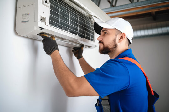 HVAC technician installing a mini split air conditioner in San Gabriel