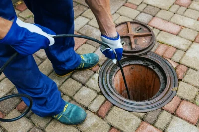 Plumber cleaning an outdoor sewer drain in San Gabriel