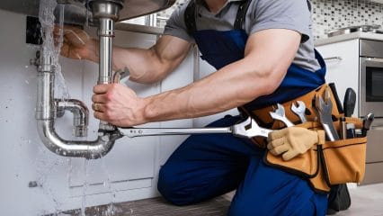 Plumber repairing pipes beneath a sink in San Gabriel