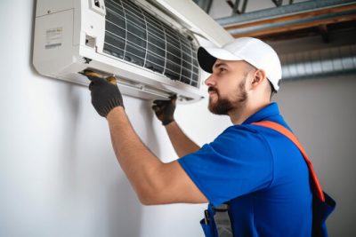 HVAC technician installing a mini split air conditioner in San Gabriel