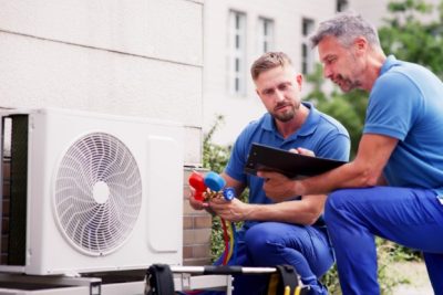 HVAC technicians installing an outdoor air conditioning unit in San Gabriel